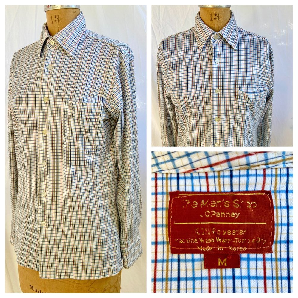vtg 70s JC PENNEY Mod Slim Skinny Plaid Poly Retro Shirt Disco Hippie Retro M